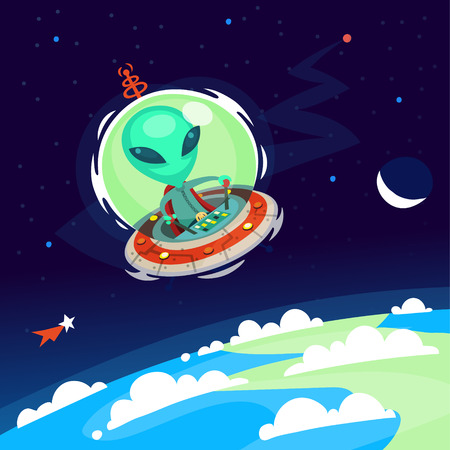 Colorful little green alien with big head flying his spaceship in Earth atmosphere. Vector cartoon alien on a space background.のイラスト素材