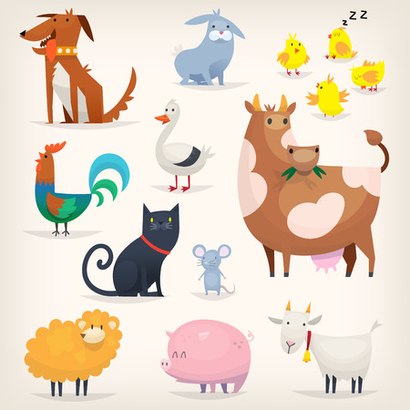 Set of popular colorful vector farm animals and birdsのイラスト素材