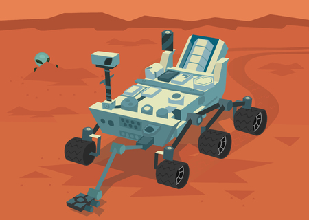 Placard representing space scientists watching broadcast from Mars research, and alien watching strange vehicle from a cover behind a rock.のイラスト素材