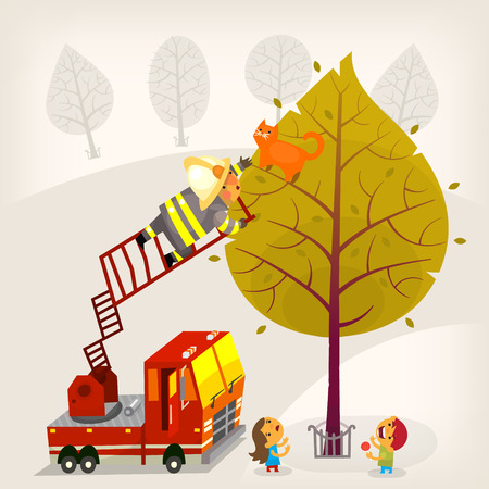 Illustration with a fireman climbing up the firetruck ladder to save a ginger cat from a high tree. A boy and a girl are eating candies and looking up at the process. Vector illustrationのイラスト素材