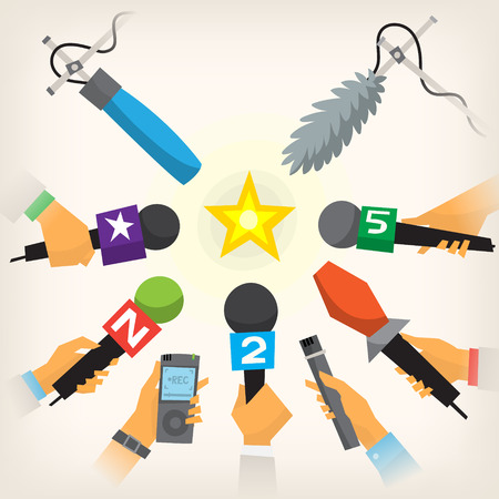 Journalists hands holding microphones and dictophones performing interviewのイラスト素材