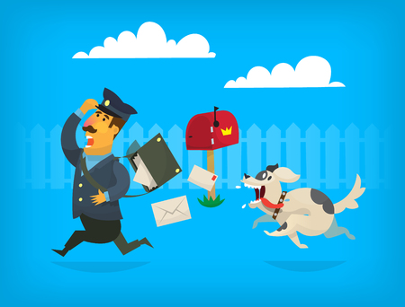 Dog is chasing a mailman along the fence. The mailman is loosing letters from postman bagのイラスト素材
