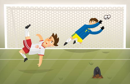 Football player playing soccer scoring goal on a green fieldのイラスト素材