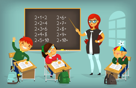 Set of children sitting at their desks and behaving differently. Elementary school lesson illustration.のイラスト素材