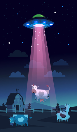 An alien saucer flying over barn collecting cows for researchのイラスト素材