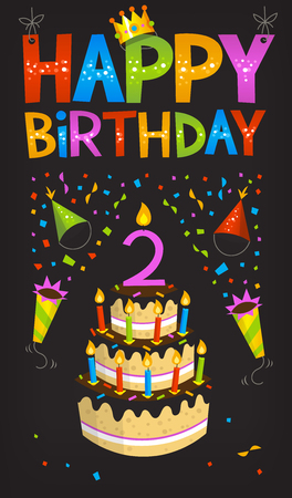 Colorful birthday greeting card with a cake and candle. Banging poppers with confetti. Happy birthday text sign. Poster for birthday party.のイラスト素材
