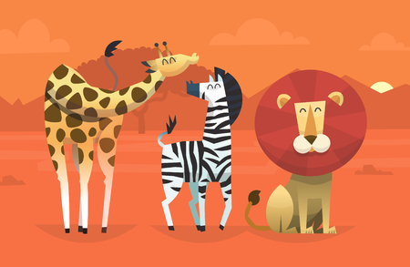 Portrait of friendly wild savanna animals taking picture in the desert on sunset with mountains on the background. Vector illustrationのイラスト素材