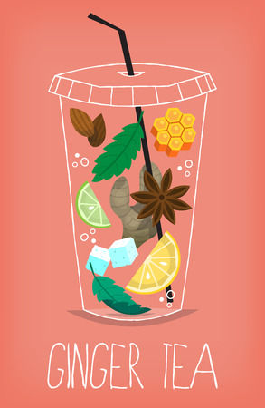 Transparent glass with ingredients for making refreshing spicy moroccan ginger root herbal tea. Vector illustrationのイラスト素材