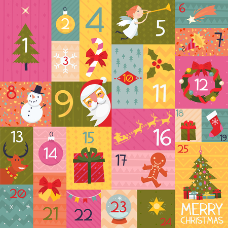 Colorful advent calendar illustration with christmas elements and numbers.のイラスト素材