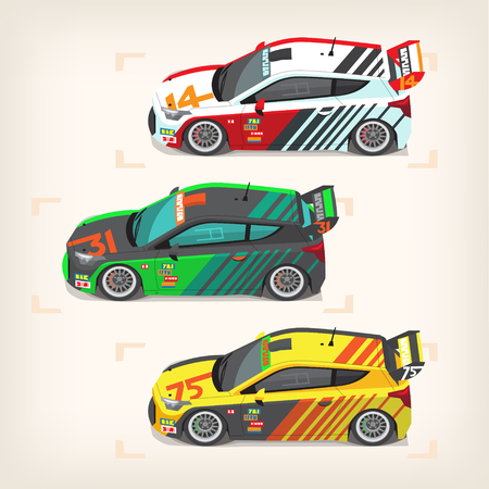 Set of colorful fast motor racing cars on a start line. Vector illustrationsのイラスト素材
