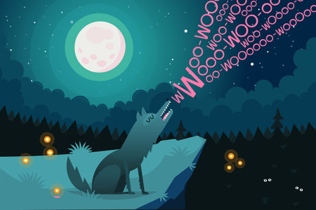 Lonely wolf sitting on the edge of a cliff near a dark forest at night is howling on full moon...