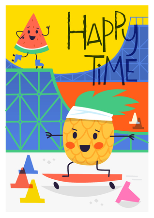Bright summer poster with a pineapple character skating and a watermelon roller blading in halfpipe ramp at skate park. Vector illustrationのイラスト素材