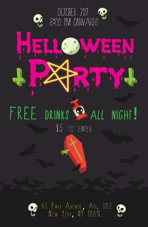 Halloween party poster with dark bats flying at background, pink header, crosses, pentagram and coffin. Vector illustration can be adjusted to your needs.のイラスト素材