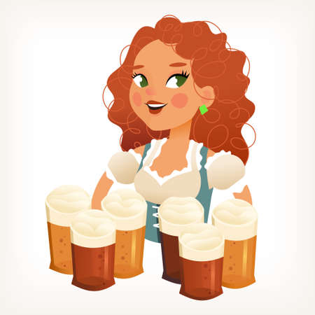 Pretty girl waitress with curly ginger hair and big eyes serving many mugs of beer in hands at pub party. Isolated vector illustrationのイラスト素材
