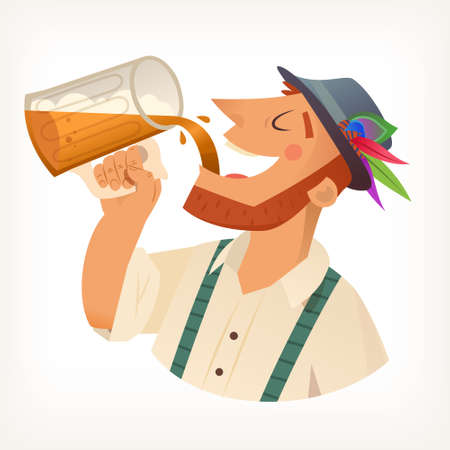 Ginger man with beard in hat drinking beer with foam pouring it from big full mug into the mouth. Isolated vector illustrationのイラスト素材