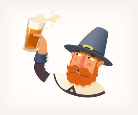 Man wearing vintage old fashioned clothes holding glass of beer. Thanksgiving holiday celebration, seasonal event in autumn. Pilgrim character vector in cartoon styleのイラスト素材