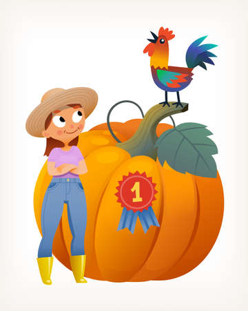 First prize won by farmer girl for planting the biggest orange pumpkin at countryside agricultural festival. Girl standing near huge vegetable. Rooster on top. Isolated vector illustrationのイラスト素材