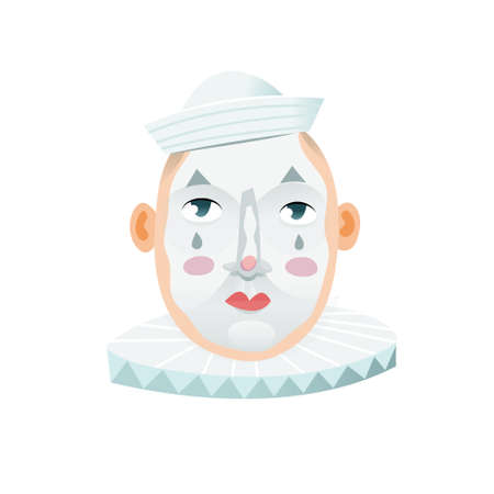 Famous Mardi Gras festival character. Mask that you can often see at New Orleans Parade or Venice Carnival. Isolated head mask sticker. Pierrot clown makeup face vector imageのイラスト素材