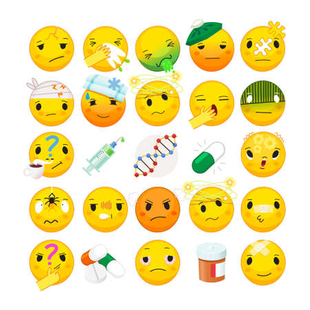 Collection of health issues and illness symptoms emoticons. Health care and treatment emoji. Isolated vector emoji for clinic infographics.  Part 2 of 2のイラスト素材