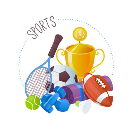 Collection of sports equipment commonly sold at a supermarket. Circle label for a sports goods department or online store. Isolated vector image.のイラスト素材
