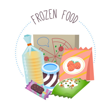 Circle label for frozen food section of a grocery store or online  marketplace. Isolated vector illustration with  fruit and vegetables, pancakes ice cream and pizza.のイラスト素材