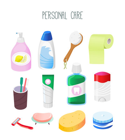 Collection of hygienic supplies and goods from cosmetics department in grocery store. Personal care goods. Isolated vector imageのイラスト素材