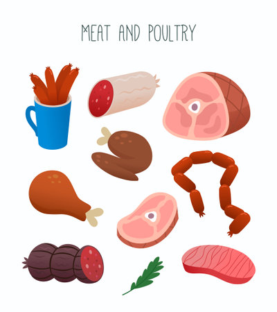 Collection of various kinds of meat commonly sold at a supermarket or at a butcher store. Images for labels for meat department or online store, media and web. Isolated vector image.のイラスト素材