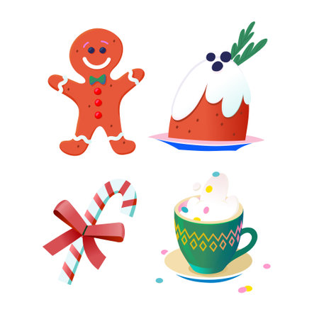 Collection of images to create invitation posters and greeting cards for Christmas and winter holidays. Isolated vector decorations. Traditional foods  treats and desserts. Cake, cookies and cocoaのイラスト素材