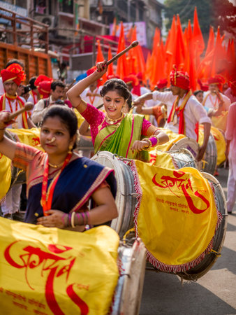 Mumbai, India - March 18, 2018: Hindu New Year Parade (Gudhi Padva) is an annual parade on the...