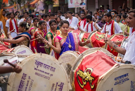 Mumbai, India - March 18, 2018: Hindu New Year Parade (Gudhi Padva) is an annual parade on the famous Girgaon, South Mumbai involving musicians, dancers and artists from various parts of Indiaのeditorial素材