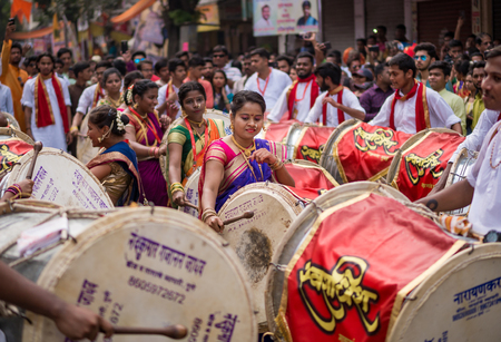 Mumbai, India - March 18, 2018: Hindu New Year Parade (Gudhi Padva) is an annual parade on the famous Girgaon, South Mumbai involving musicians, dancers and artists from various parts of Indiaのeditorial素材