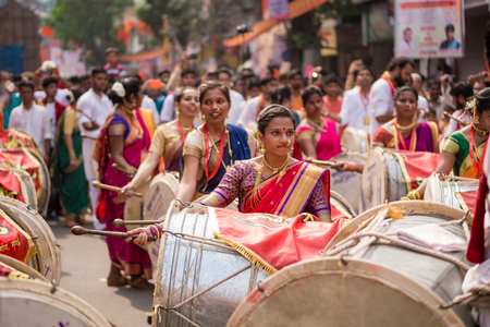 Mumbai, India - March 18, 2018: Hindu New Year Parade (Gudhi Padva) is an annual parade on the famous Girgaon, South Mumbai involving musicians, dancers and artists from various parts of Indiaのeditorial素材