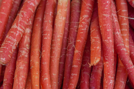 The Close up of red carrot bunchの写真素材