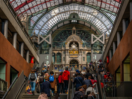 ANTWERP, Belgium - August 25, 2018 : Interior of the Central Train Station of Antwerp with...