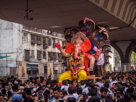 Mumbai, India - September 23,2018: Thousands of devotees bid adieu to Lord Ganesha in Mumbai during Ganesh Visarjan which marks the end of the ten-day-long Ganesh Chaturthi festival.のeditorial素材