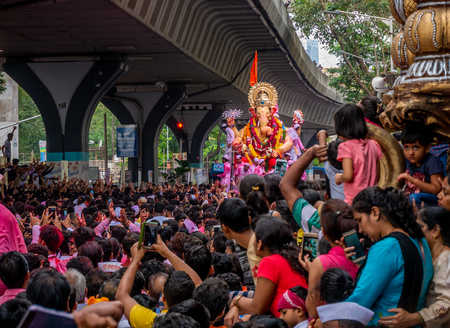 Mumbai, India - September 23,2018: Thousands of devotees bid adieu to Lord Ganesha in Mumbai during Ganesh Visarjan which marks the end of the ten-day-long Ganesh Chaturthi festival.のeditorial素材