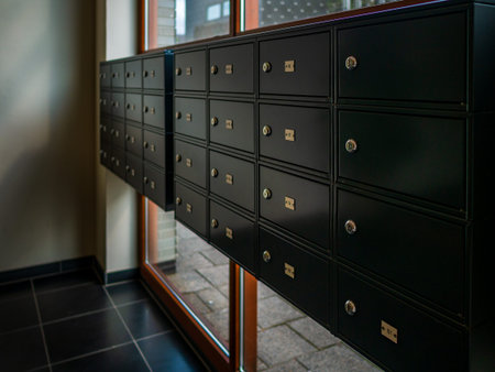 modern metallic mail box mail room in share common area space of condominium apartment flat unit...