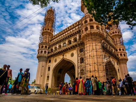 Hyderabad, India - June 17, 2019 : The Charminar, symbol of hyderabad, iconic monument and mosque in India visited by touristsのeditorial素材