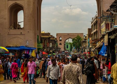 Hyderabad, India - June 17, 2019 : Unidentified tourists in large crowd at Charminarのeditorial素材