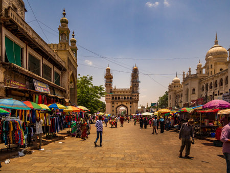 Hyderabad, India - June 17, 2019 : The Charminar, panoramic view of the iconic monument and mosque &...