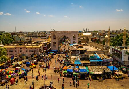 Hyderabad, India - June 17, 2019 : Hyderabad cityscape. Panoramic view of Hyderbad city with crowded streets from Charminar.のeditorial素材