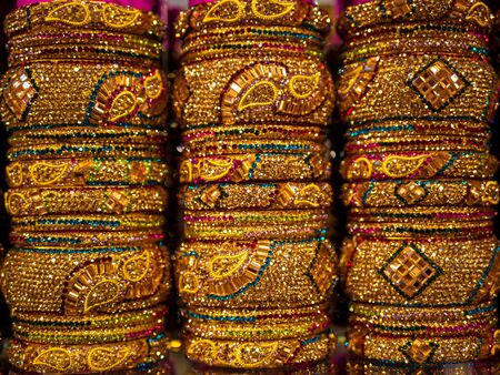 Indian Pakistani traditional Bangles or bracelets for sale in the marketの写真素材