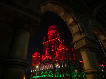 Mumbai, India - January 26, 2020 : BMC municipal building a UNESCO World Heritage Site in Mumbai decorated/illuminated in India flag color lightsのeditorial素材