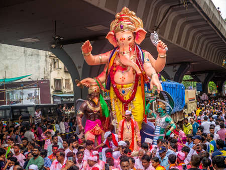 Mumbai, India - September 12,2019 : Thousands of devotees bid adieu to tallest Lord Ganesha in Mumbai during Ganesh Visarjan which marks the end of the ten-day-long Ganesh Chaturthi festival.のeditorial素材