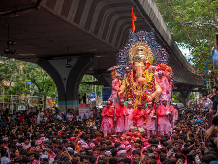 Mumbai, India - September 12,2019 : Thousands of devotees bid adieu to tallest Lord Ganesha in Mumbai during Ganesh Visarjan which marks the end of the ten-day-long Ganesh Chaturthi festival.のeditorial素材