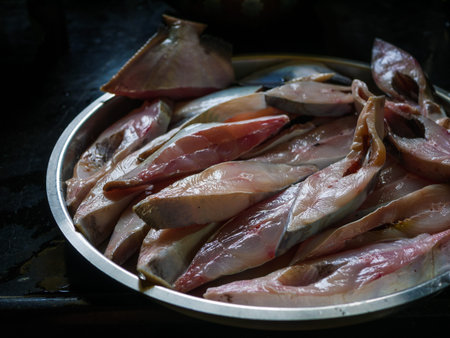 Raw Pomfret fish. Close up of slices of india fish pomfret.