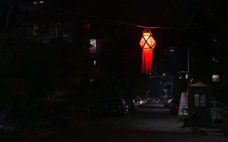 MUMBAI, INDIA - November 16, 2020 : Diwali decorative lamps/Akash Kandil/Lantern lights hanging outside traditional indian home/chawl in Mumbaiのeditorial素材