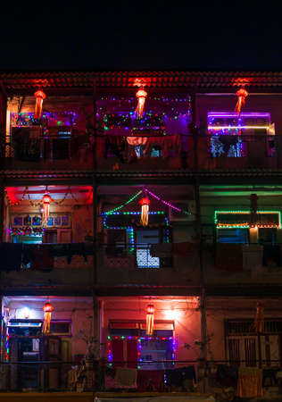 MUMBAI, INDIA - November 16, 2020 : Diwali decorative lamps/Akash Kandil/Lantern lights hanging outside traditional indian home/chawl in Mumbaiのeditorial素材