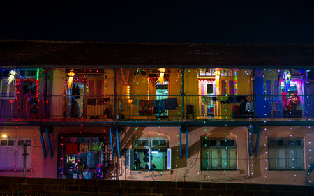 MUMBAI, INDIA - November 16, 2020 : Diwali decorative lamps/Akash Kandil/Lantern lights hanging outside traditional indian home/chawl in Mumbaiのeditorial素材