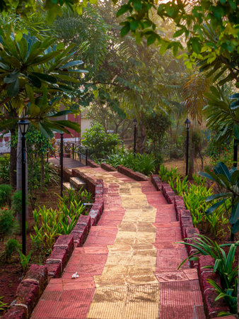 Beautiful stairway leading to a garden surrounded by trees